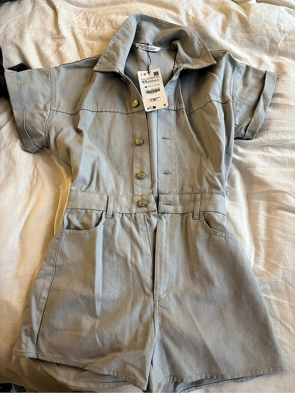 Zara Denim Utility Short Jumpsuit Romper Grey Shimmer XS